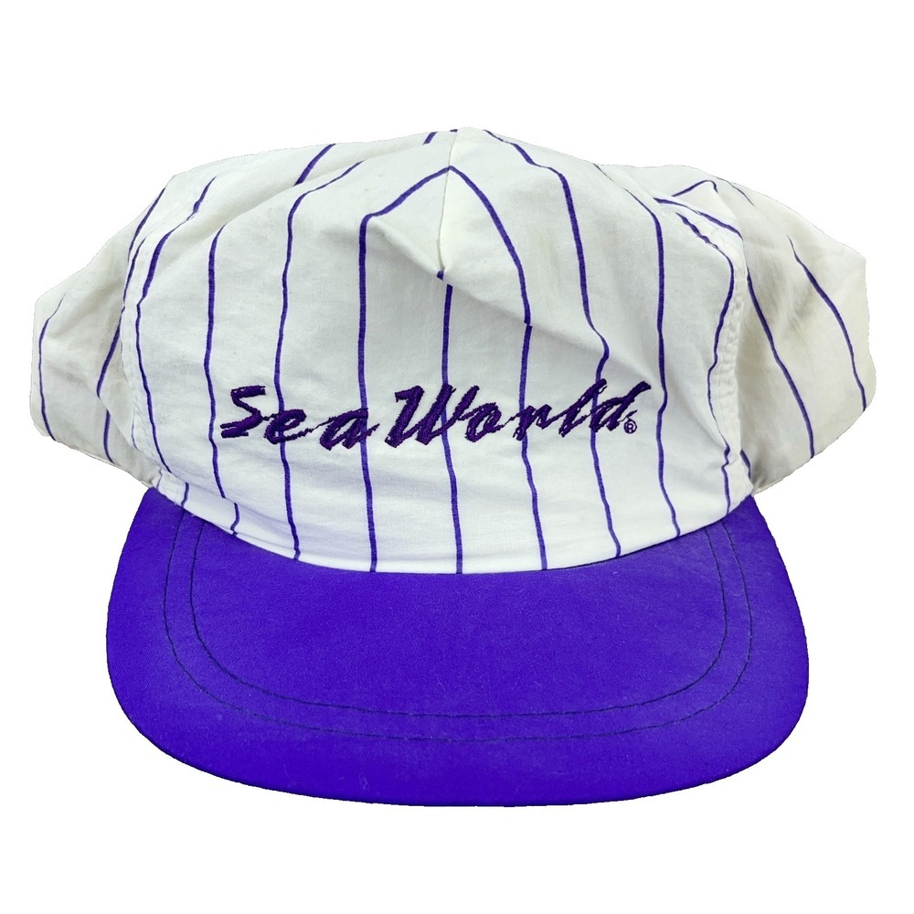 Vintage Sea World Hat Cap Snapback Purple White Nylon Pinestripe 90s Y2K Beach